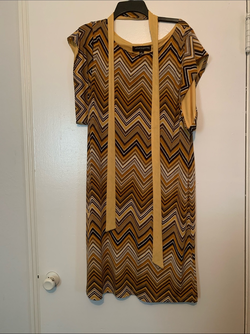 Sharagano Chevron-Print Midi Dress in Mustard, Brown and Black